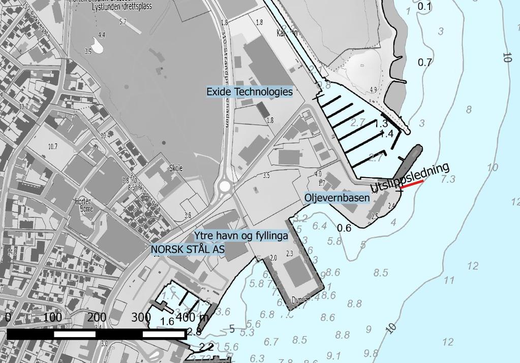 Disse er Oljevernbasen - nå Kystverkets område, grunnforurensning: Forurenset av olje og bly. Ytre havn og fyllinga: Forurenset av olje og flere metaller (As, Co, Cr, Cu, Hg, Pb, Zn).