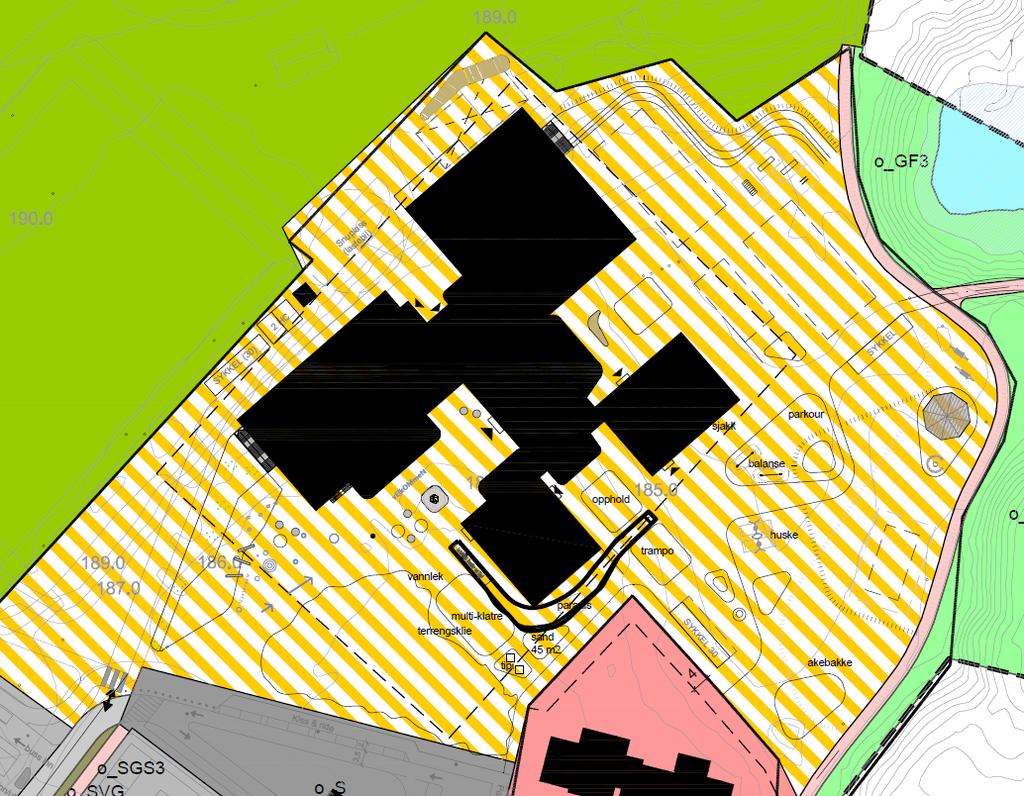 Den nye skolen Kombinert formål Undervisning/idrett, felt BKB I området skal oppføres skole, flerbrukshall og svømmehall med tilhørende anlegg. Grad av utnytting skal ikke overstige BYA = 7000 m2.