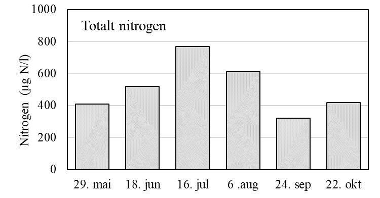 Nitrogenkonsentrasjonen hadde et gjennomsnitt på 508,3 µg N/l, som også tilsvarer tilstand «moderat» (tabell 2).