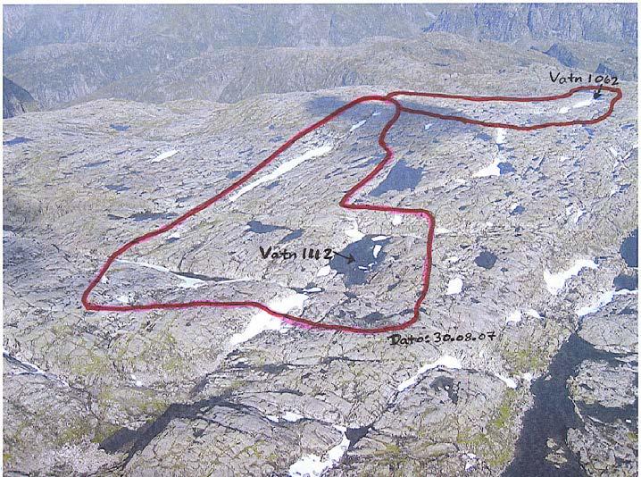 Kart som viser dagens uregulerte nedbørsfelt til Øyreselva og Austrepollelva og de to feltene (stiplete