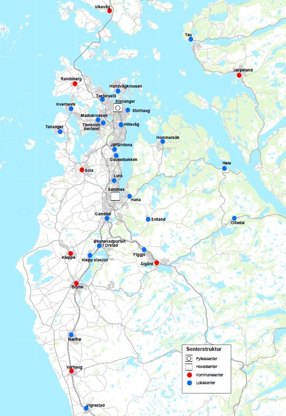 3 Definering av handelsomland 3.1 Senterstruktur Øverste nivå i senterstrukturen i Rogaland er fylkessenter, deretter følger hovedsenter, kommunesenter og lokalsenter.