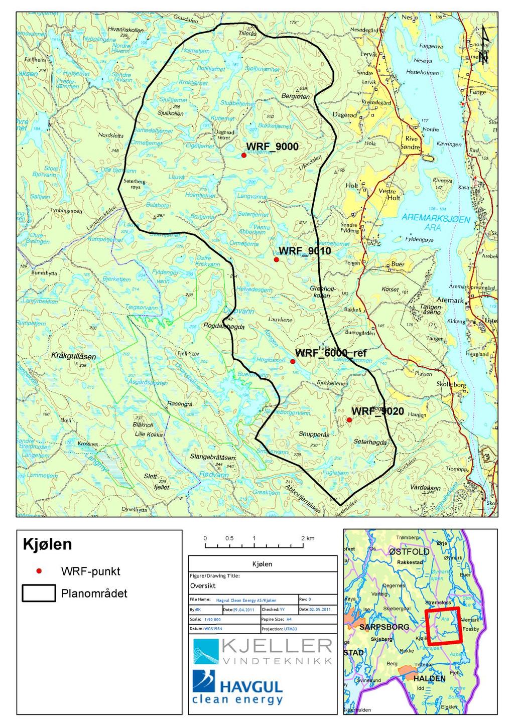 Figur 1-1: Planområdet for den foreslåtte vindparken på Kjølen i Aremark kommune.
