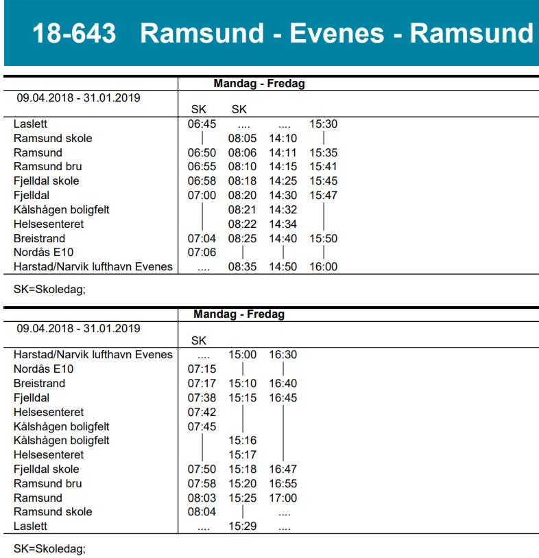 no) Rute 18-643 Laslett/Harstad Narvik lufthavn Evenes trafikkerer området med 2 avganger per ukedag mot flyplassen og 1 avgang per ukedag mot Laslett fra «Helsesenteret». Fra fv.