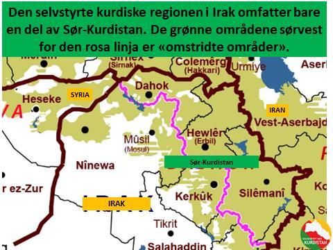 Bilde 11: Den selvstyrte kurdiske regionen i Irak omfatter bare en del av Sør-Kurdistan. Den rosa linja viser grensa for den kurdiske regionen.