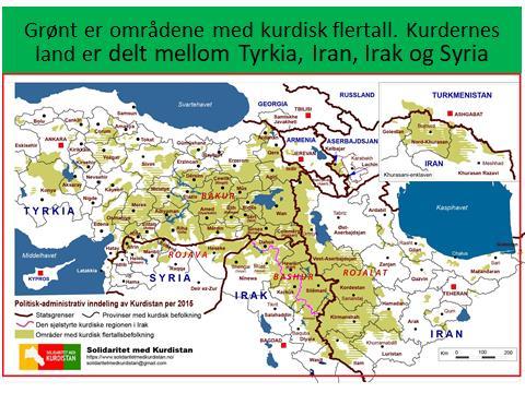 Bilde 6: Grønt er områdene med kurdisk flertall. Kurdistan er det sammenhengende grønne området som i hundre år har vært delt mellom fire stater: Tyrkia, Iran, Irak og Syria.