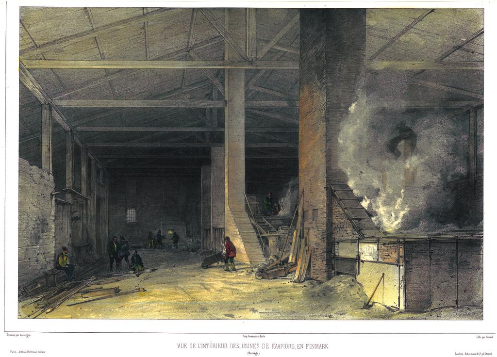 Vue de l interieure des usines de Kaafiord, en Finmark. Inne fra smeltehytta til Kåfjord kobberverk. Tegning av Lauvergne 1838-1839. Rechercheekspedisjonens plansjeverk. Bilde: Alta Museum.