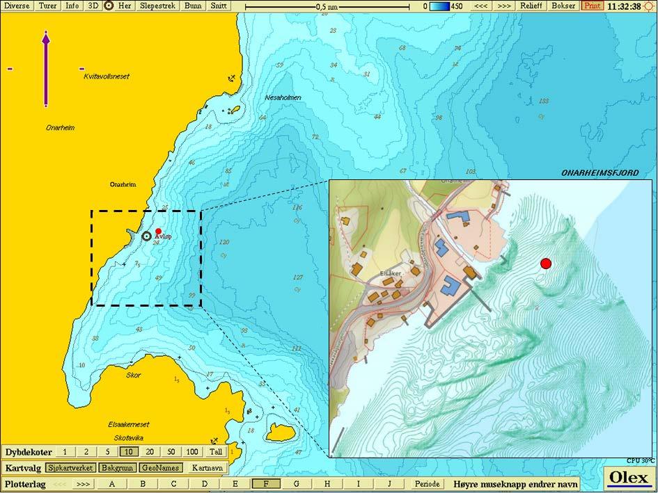 I området for avløpet djupnast det skrått nedover mot aust, og om lag 350 m aust for settefiskanlegget er det 100 m djupt (figur 4).
