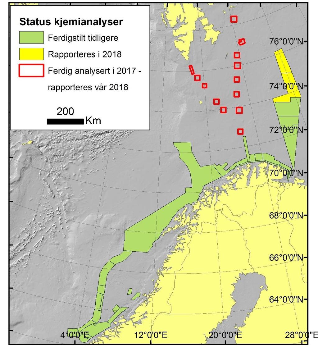 5.6 Status for kjemisk kartlegging I 2017 ble det utført kjemiske analyser på prøver samlet inn i 2016 og 2017 fra transektene Bjørnøyrenna Kong Karls land og Nordkapp - Sørkapp i Barentshavet Øst.