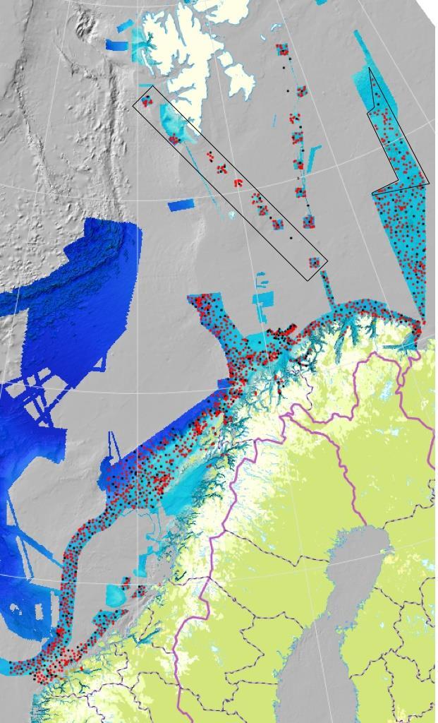 Figur 2. Feltkartlagte stasjoner mht geo-bio-kjemi i tidsrommet 2006 2017. Sort omriss viser områder som ble undersøkt i 2017.