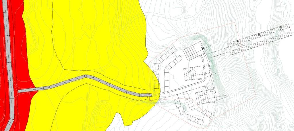 Figur 2: Støysonekart i 4 meters høyde, Gul sone L den 55dB- 65 db, Rød sone L den 65 db.