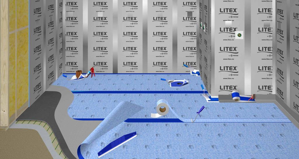 KOMBINASJONSLØSNINGER KOMBINASJONSLØSNINGER LITEX MEMBRANPLATE + MEMBRANDUK Litex Membranplate på vegg kan gjerne kombineres med Litex Membranduk på gulv. Se www.litex.
