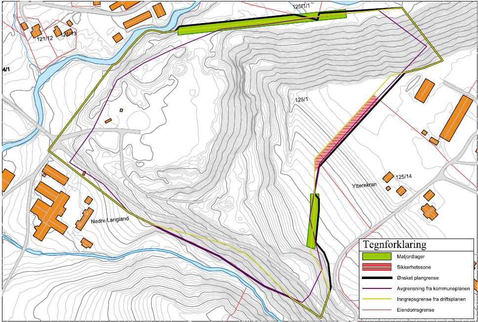 5. Planavgrensing Som kartet er ikke formålsgrensen i kommuneplanens arealdel 2012-2020 (lilla strek) sammenfallende med områdeavgrensningen (gul strek) i den godkjente driftsplanen av 1990.