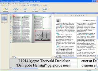 Her er OCR-prosessen ferdig i ABBYY Finereader. Vinduet til venstre viser originalbilde med røde ramme rundt det som tolkes bilder og grønne rundt tekst.