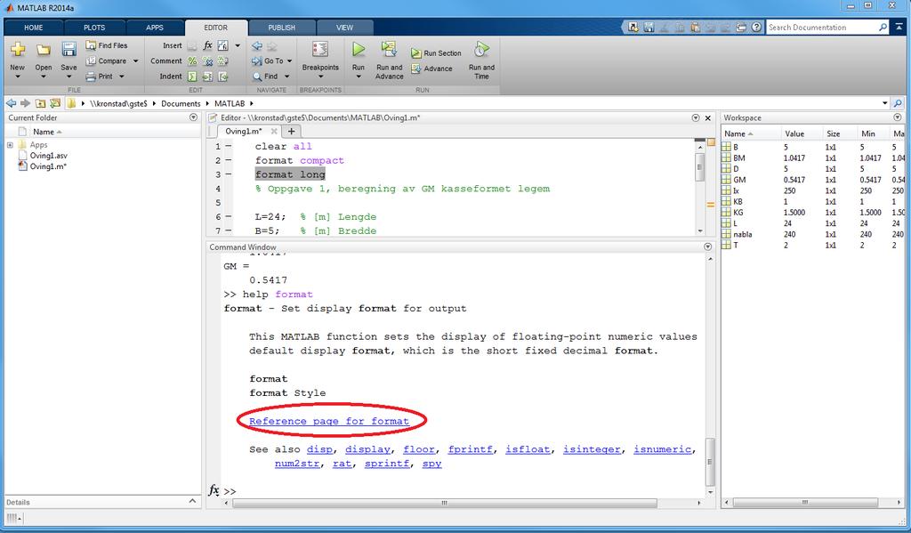) Skriv >>help format i Command Window. Her ser man en kort beskrivelse av kommandoen. Skriv >>doc format i Command Window.