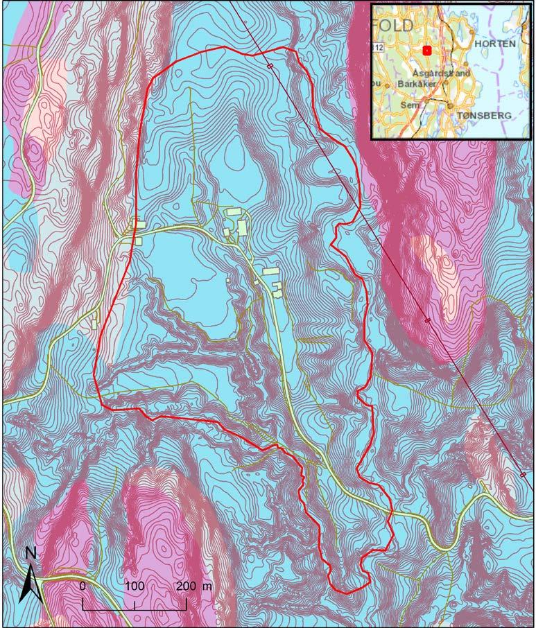 Dokumentnr.: 20130059-02-TN Dato: 2015-04-08 Rev. nr.: 01 Side: 4 Figur 1. Løsmassekart og topografiske kart i prosjektområdet. Rødt polygon er sone 1180 Dal.