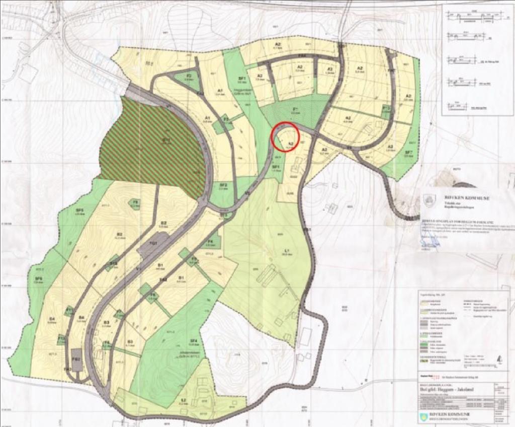 Bakgrunn og saksopplysninger Området og planstatus Etterfølgende figur 1 viser gjeldende reguleringsplan for Heggum Jaksland, hvor området det søkes om endring for er markert med rød sirkel.