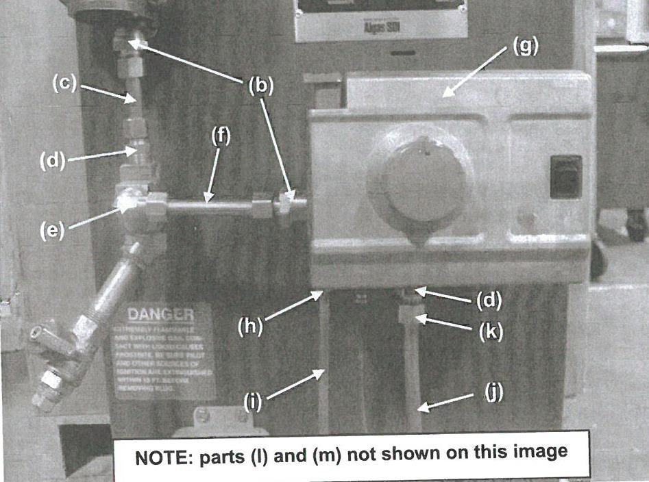 Installasjon av ny termostat Del (l) og (m) er ikke vist i dette bilde Husk å bruke gjengetettning som er godkjent for propan på alle gjengede rørdeler 1.