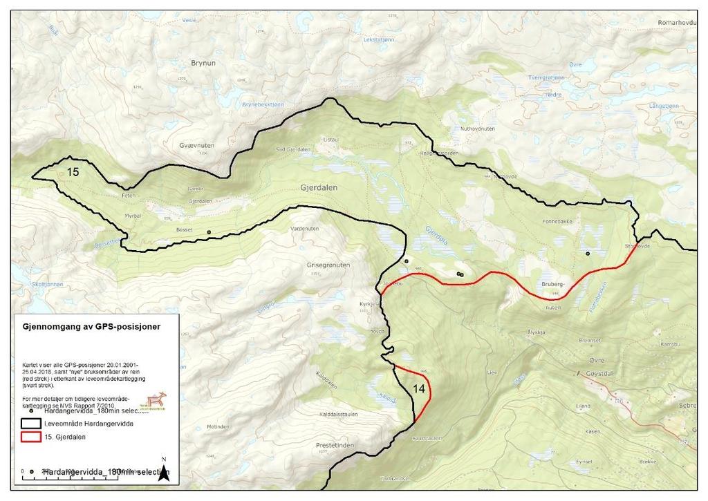 15. Gjerdalen Området er brukt av to ulike GPS-merkede simler to separate datoer (hhv. 4. november 2011 og 28. april 2017).