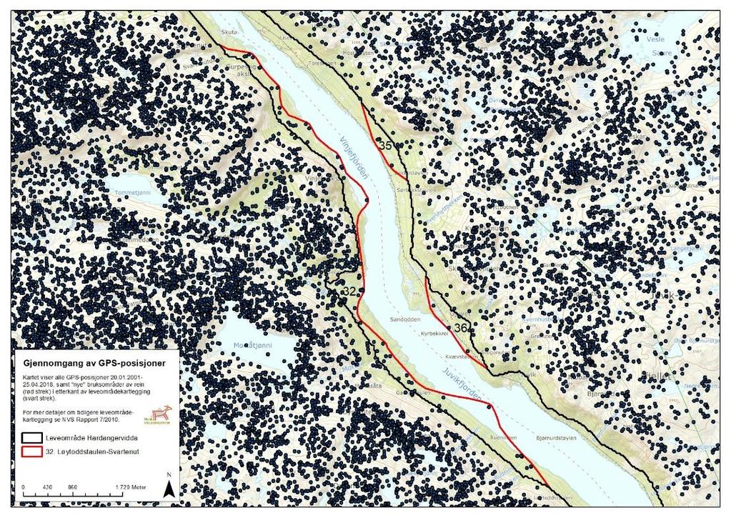 32. Løytoddstaulen-Svartenut Området er brukt av 28 GPS-merkede simler gjennom flere perioder av året, både i kalvingsperioden, høsten og tidlig vinter, i syv separate år