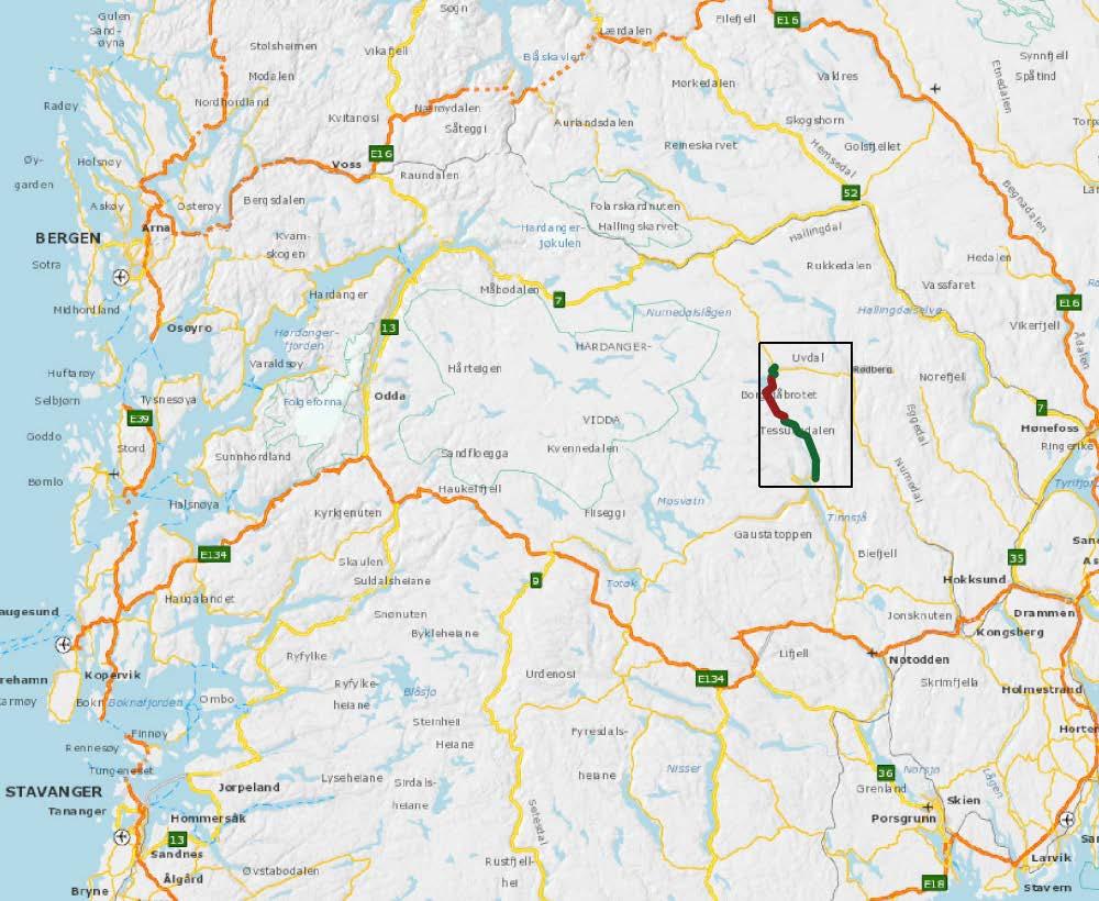 40 ved Børkjeflåta i Nore og Uvdal kommune og kommer ned i Tessungdalen som munner ut i Austbygd i Tinn kommune ved fv. 364.