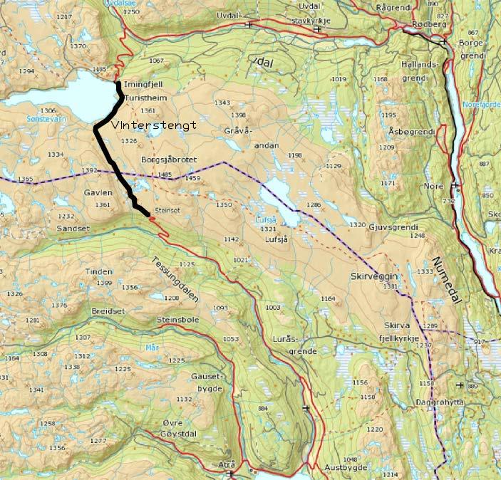 Figur 2 Kart over Imingfjell med vinterstengt veg. Kilde Statens vegvesen.