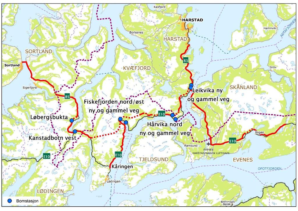 ved kommunegrense Tjeldsund - Harstad. Takstene er justert, slik at det nye bomsnittet ikke vil endre samlet pris for de som kjører gjennomgående på strekningen Langvassbukt - Tjeldsund bru.