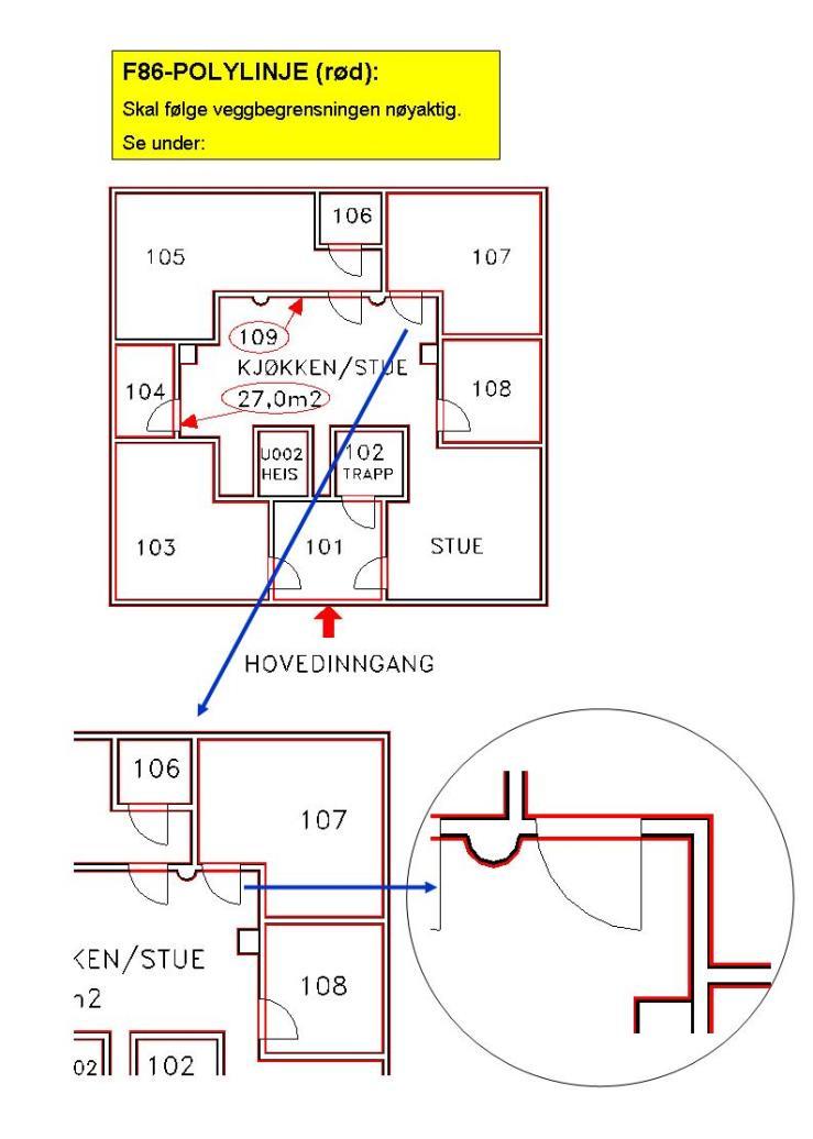 - Polylinjer: Alle rom med omsluttende vegger og dører skal ha lukket polylinje langs innervegg som vist på Figur 4. 5.