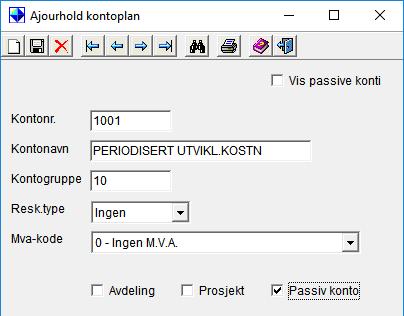 Passiv konto: Det er laget mulighet for passive konti. Kan utelukkes på lister, kontoplan og i søk i bilagsregistrering i tillegg til ajourhold kontoplan.