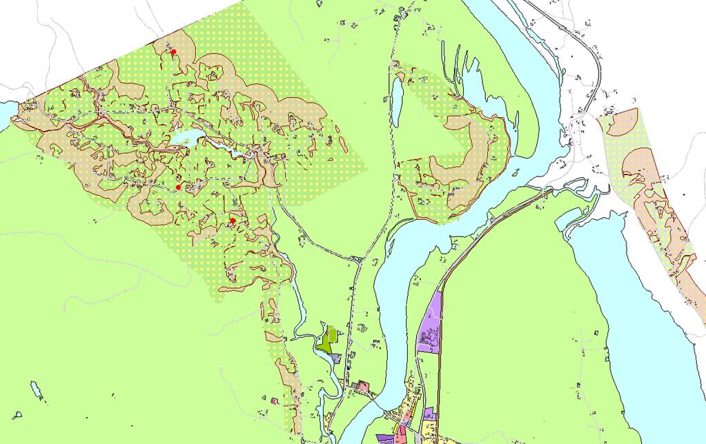 De røde prikkene viser omsøkt spredt bebyggelse i planperioden (innenfor dette konkrete området) og omfatter totalt tre boliger.