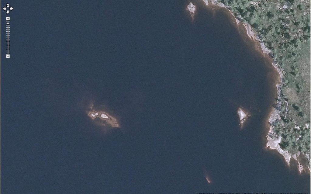Satelittfoto av gyteområdet rundt skjæret nordøst i Store Hovvatn. Målestokk 1:1000. (Satelittfoto: inatur.no) Satelittfoto av gyteområdet langs land sørøst i Store Hovvatn. Målestokk 1:1000. (Satelittfoto: inatur.no) 1.