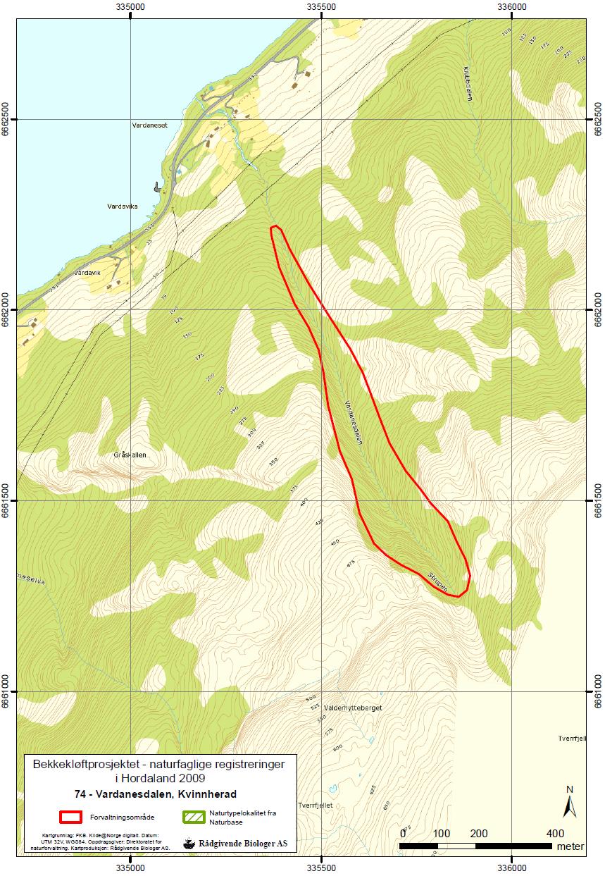 Figur 3. Kart over avgrenset forvaltningsområde for Vardanesdalen (lok. 74).