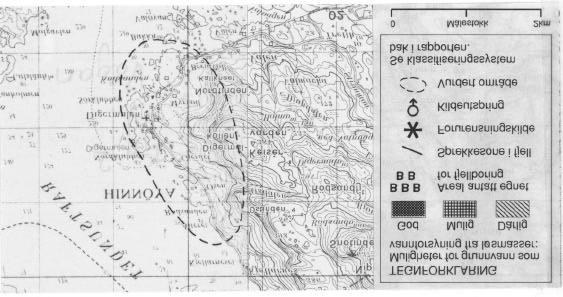 Fig. 2 Utsnitt av kartblad 1131 I Austvågøya (M711) som viser det vurderte området i tilknytning til Digermulen.