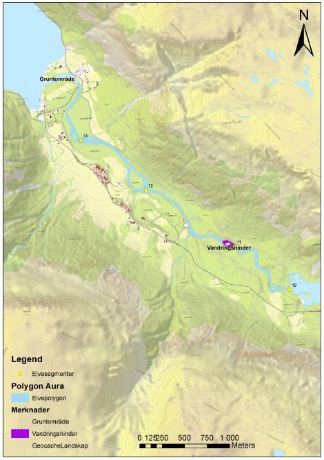 117 Figur. Venstre: Kart over strekningen mellom Litlevatnet og Eikesdalsvatnet med vandringshinderet markert med lilla farge.
