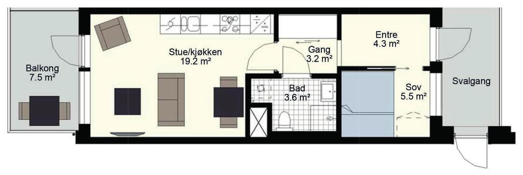 LEILIGHETENE roms, 38,6 m 2 BRA 2 Arealeffektiv 2-roms Balkong på 7,5 m2 - vendt mot vest og gågate Hvitlasert 3-stavs eikeparkett Kjøkken med