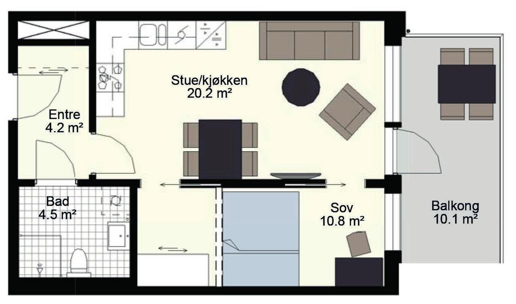 LEILIGHETENE roms, 43,1 m 2 BRA 2 Arealeffektiv 2-roms Soverom med skyvedørsgarderobe Hvitlasert 3-stavs eikeparkett Kjøkken med integrerte