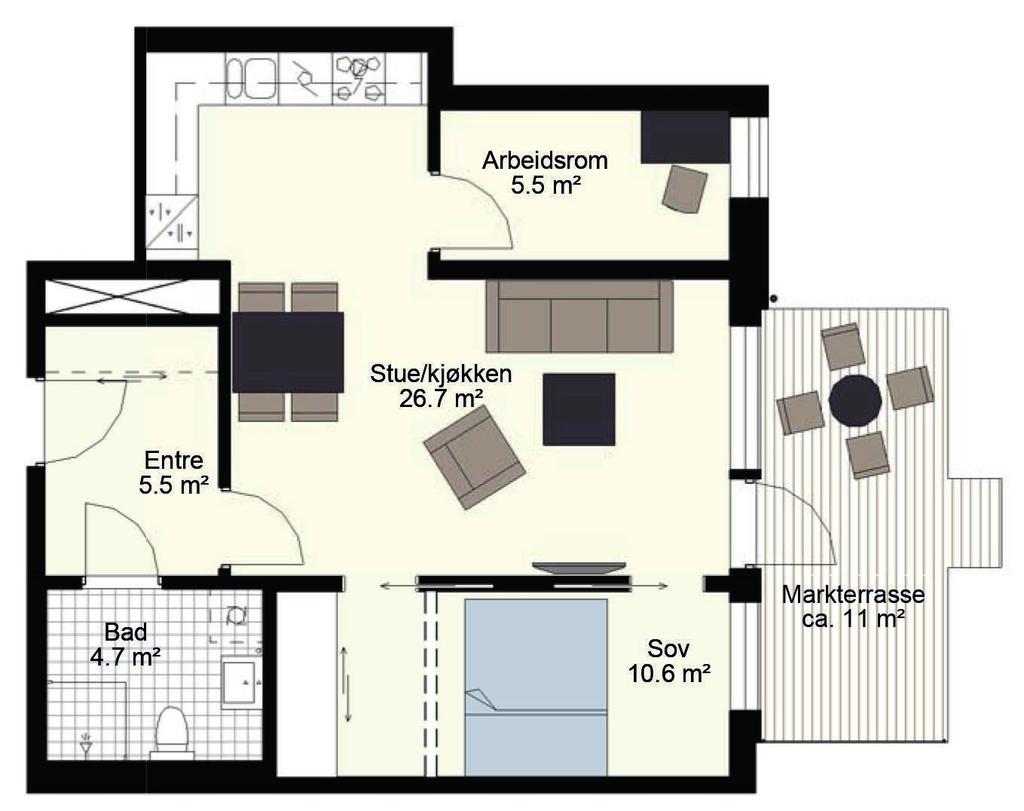 LEILIGHETENE roms, 57,6 m 2 BRA 2 Stor 2-roms med eget arbeidsrom på 5,5 m2 Vinkelkjøkken med integrerte hvitevarer Stor markterrasse - vendt mot øst og mot skjermet, grønt gårdsrom