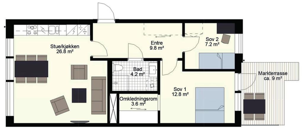 roms, 68,5 m 2 BRA 3 Stor 3-roms leilighet Soverom med eget walk-in-closet Hvitlasert 3-stavs eikeparkett Kjøkken med integrerte hvitevarer