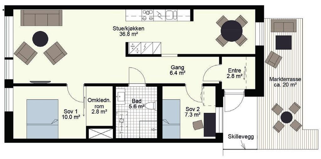 roms, 76,1 m 2 BRA 4 Fleksibel planløsning, velg mellom 3- eller 4-roms leilighet Soverom med