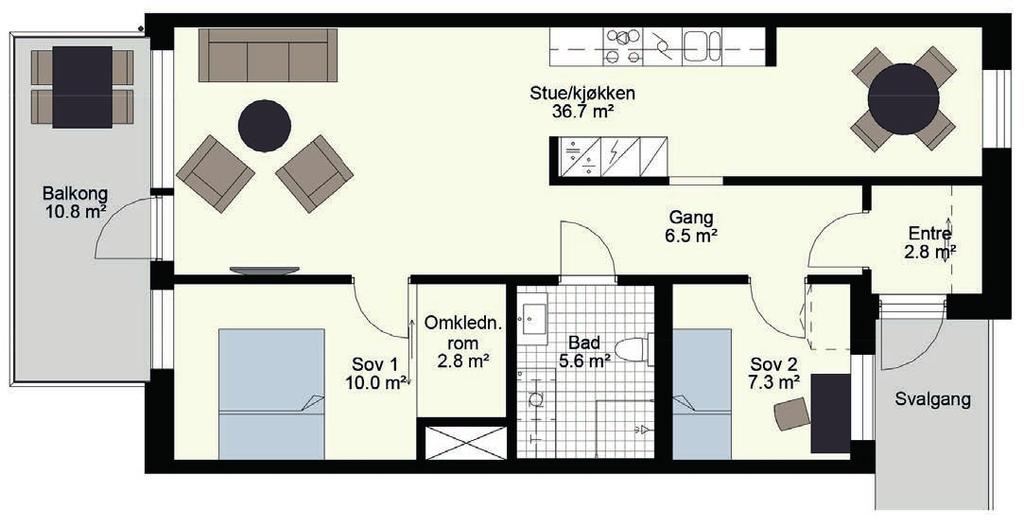 Downlights på bad og entré Balkong på 10,8 m2 vendt mot vest og gågate Den alternative