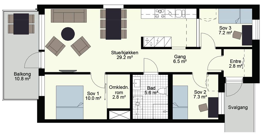 roms, 76,2 m 2 BRA 4 Fleksibel planløsning, velg mellom 3- eller 4-roms leilighet Soverom