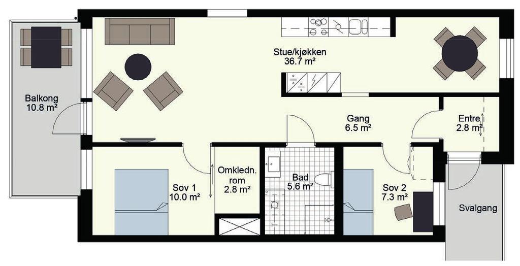 Downlights på bad og entré Balkong på 10,8 m2 vendt mot vest og gågate Den alternative