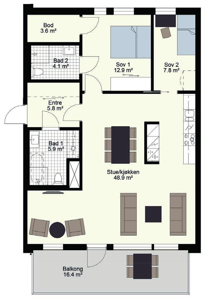 LEILIGHETENE roms, 95 m 2 BRA 4 Fleksibel planløsning, velg mellom 3- eller 4-roms leilighet Soverom med eget walk-in-closet Hvitlasert 3-stavs eikeparkett Integrerte hvitevarer på kjøkken Downlights