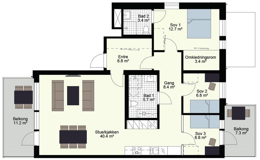 roms, 100,9 m 2 BRA 4 Stor 4-roms med mulighet for å ta bort et soverom Soverom med eget walk-in-closet