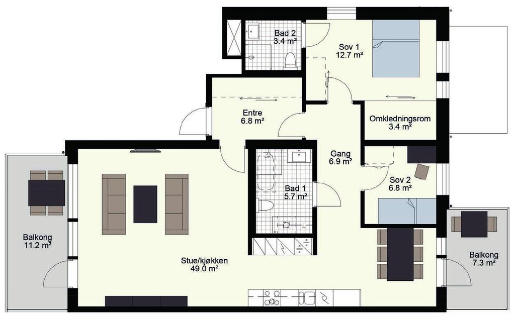 Downlights på bad og i entré Stor stue/kjøkken på ca 40 m2 To balkonger - en vendt mot vest og en vendt mot