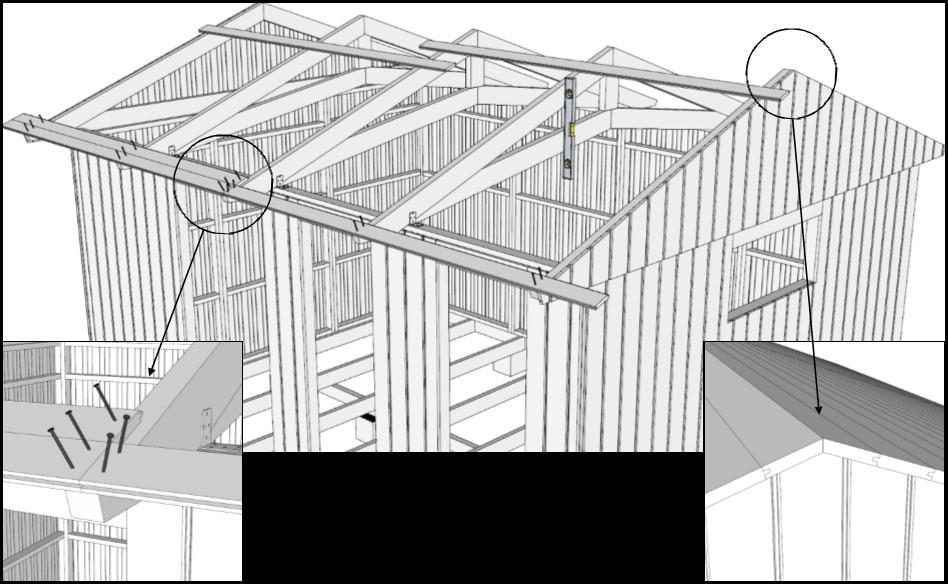 Begynn nede og legg rupanelen oppover. La panelen gå minimum 30 cm på utsiden av taksperrene på hver side. Rupanelen skjøtes på taksperrene.
