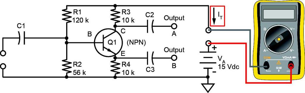 Disconnect the generator. What is the total dc circuit current (I T(no-signal) ) with no ac input signal?