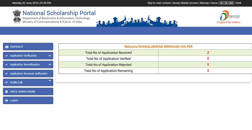 After enter the login ID & password Institute Dashboard will