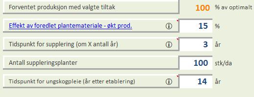 I utgangspunktet er det angitt at suppleringsplanting gjennomføres i år 3, men dette kan endres av bruker. Det er sannsynlig med en effekt av foredlet plantemateriale i form av økt tilvekst.