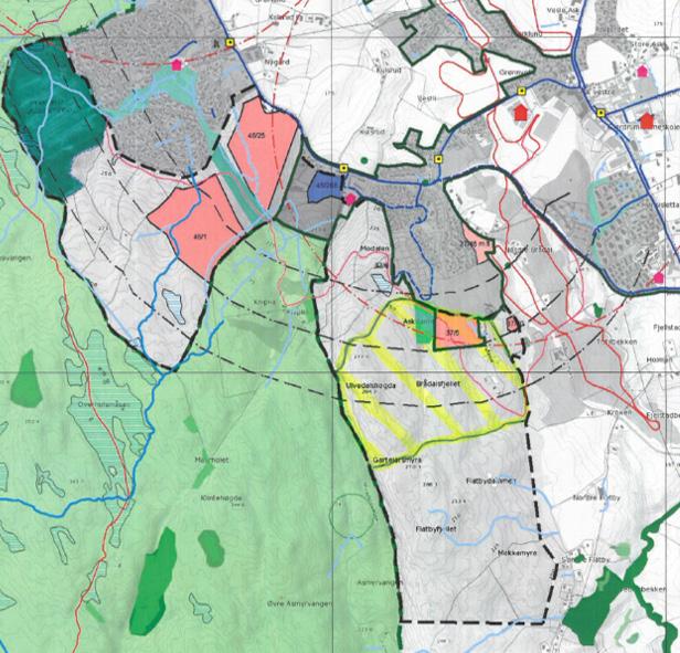 MASTERPLAN ÅSEN Hele eiendommen ligger innenfor masterplan-avgrensingen, vist med sort stiplet strek Ca. 32 dekar ønskes utviklet til nytt boligområde.