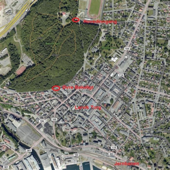 Kart 2 Kartet viser et oversiktsbilde over byen og Bøkeskogen: I forhold til byen ligger inngangen til Langreise kun 200 meter fra Larvik Torg.